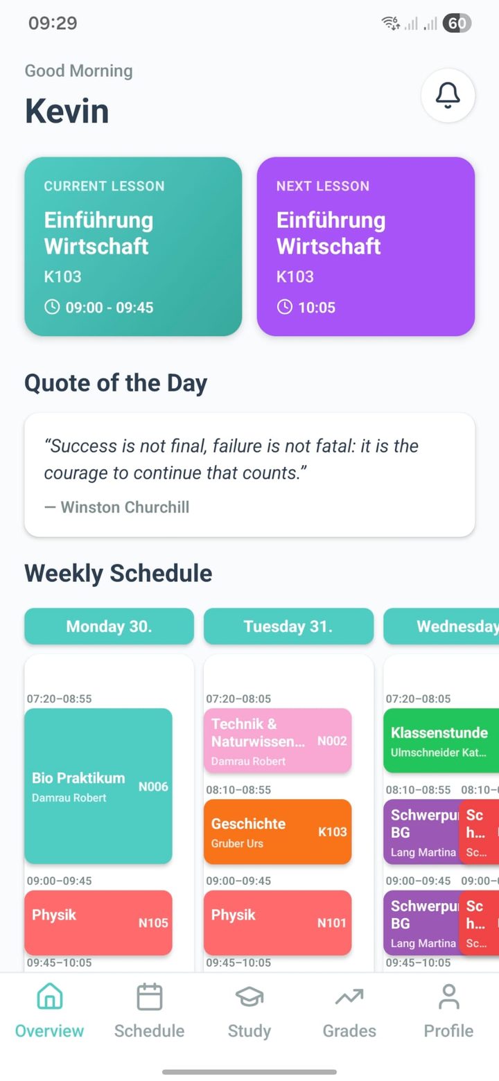 School Companion App – Startbildschirm mit aktueller Lektion und Wochenplan